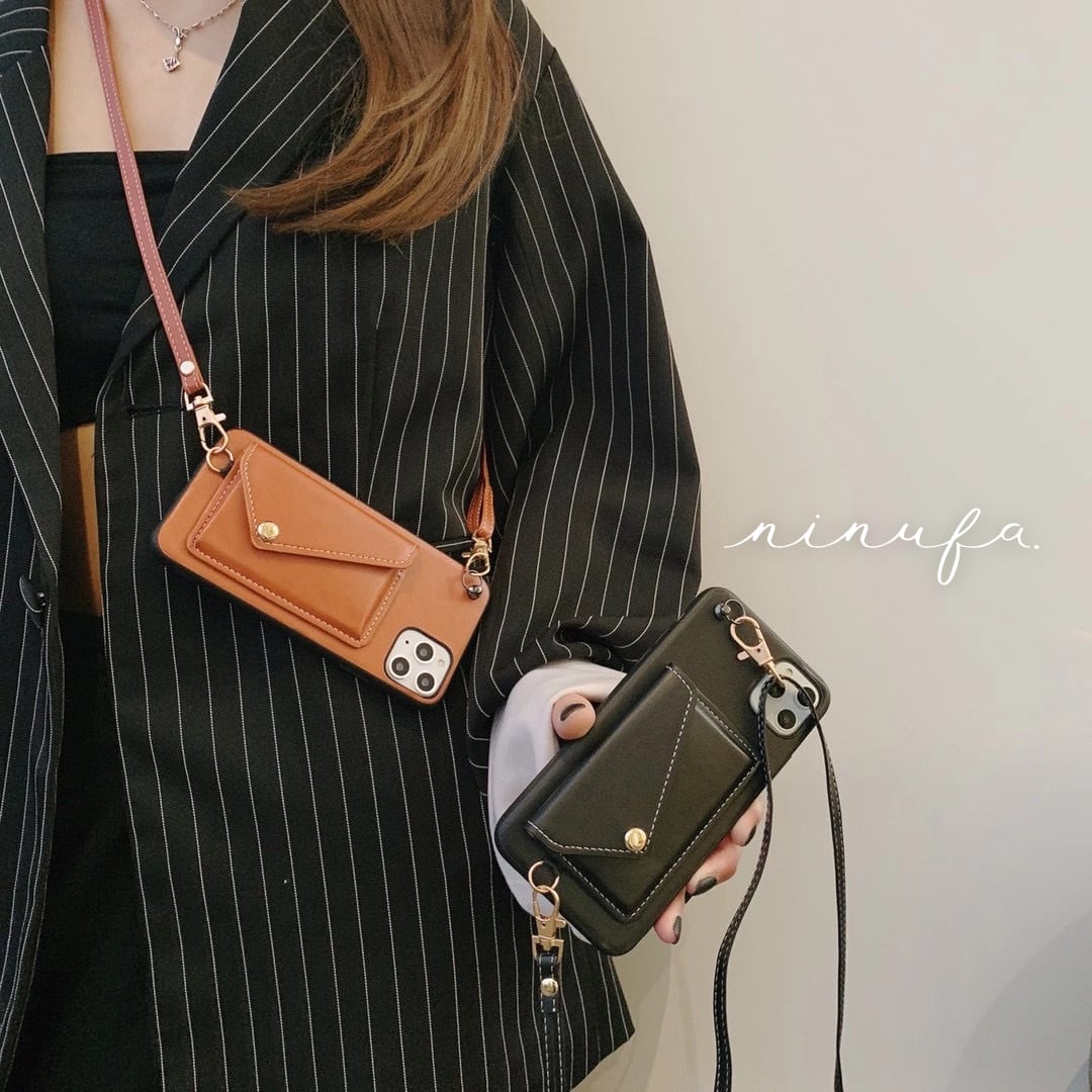 便利すぎる!ポケット付きショルダー◎フェイクレザー iPhone14 おしゃれ シンプル カードケース 小物入れ レザー調 肩掛け スマホケース【再販】 ND-14635