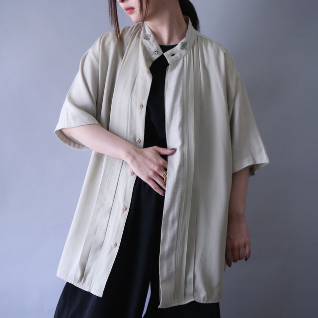 "刺繍" and crystal button switching fabric pleats design fry-front minimal over silhouette h/s shirt