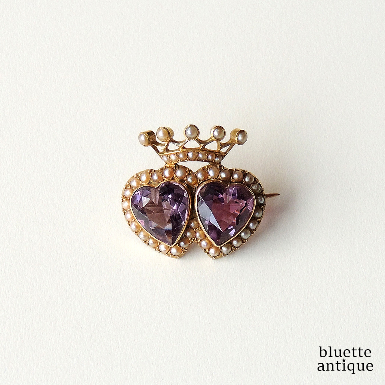 アンティークジュエリー 天然アメシスト 真珠 ダブルハート&クラウン ブローチ (ソーティングメモ付)