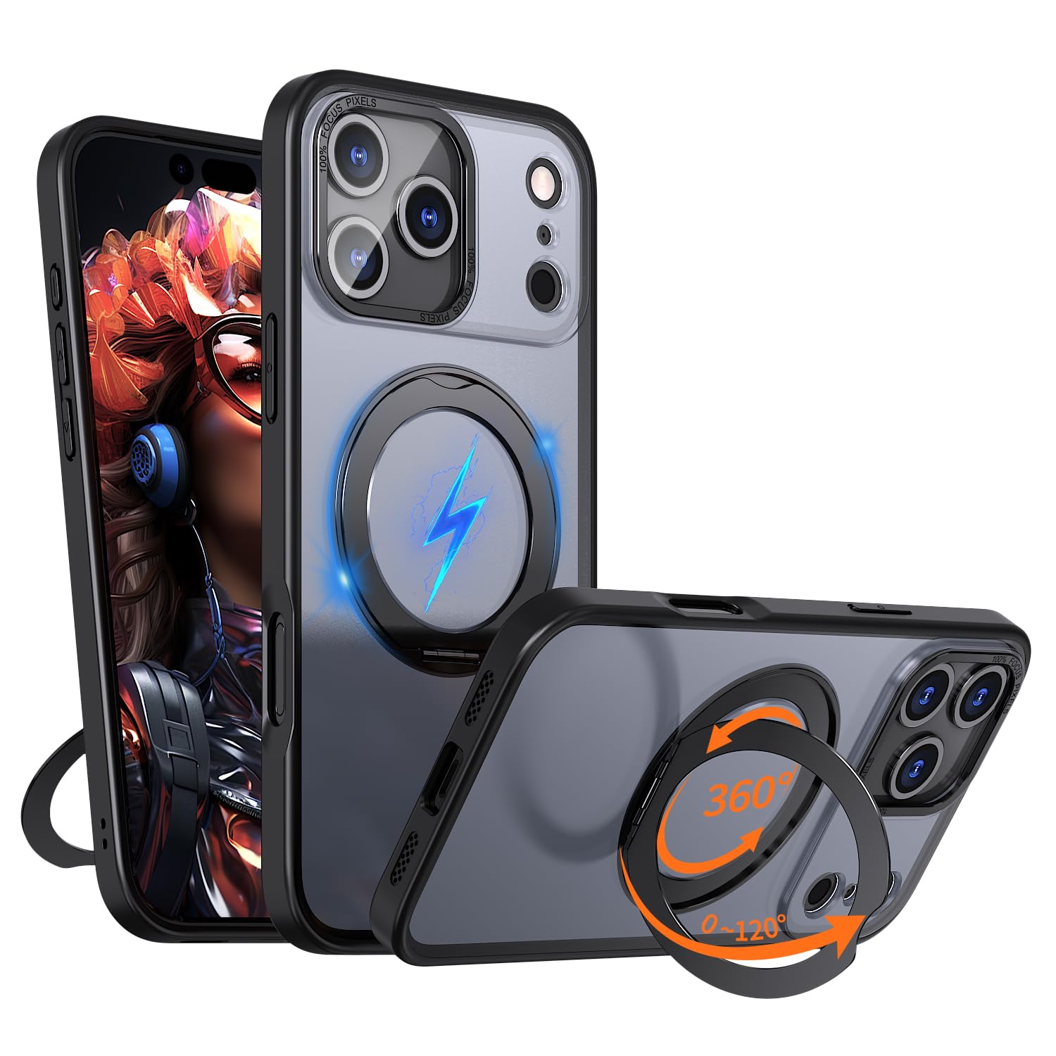 iPhone 17 Pro/18 Pro 用 ケース magsafe対応 360°回転スタンド 縦横両対応 6.3インチ ブラック
