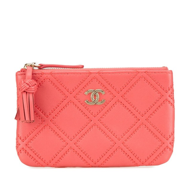 シャネル マトラッセ ダブルステッチ ココマーク タッセル ポーチ ピンク ラムスキン レディース CHANEL 【中古】