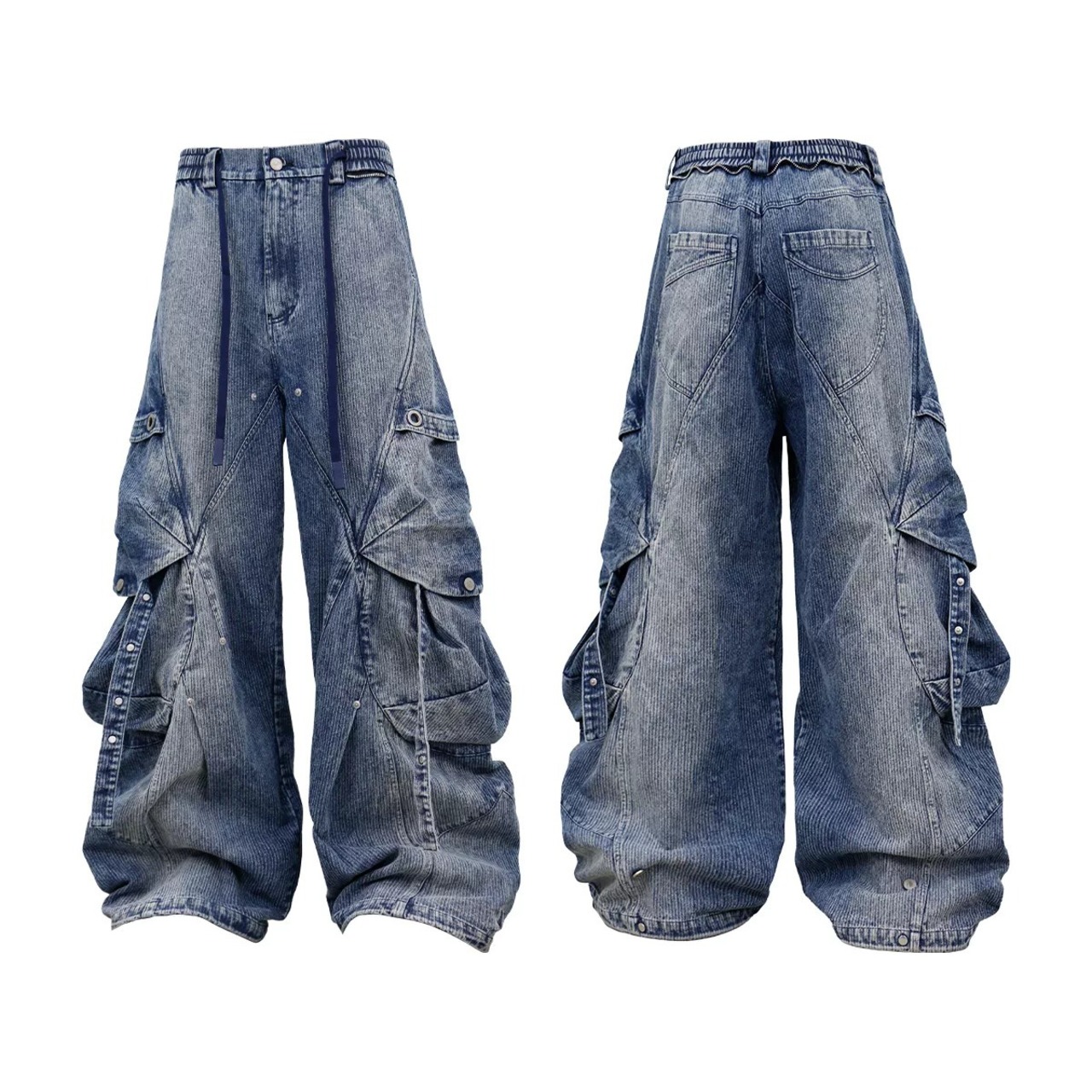 RELABLE Unique Shape Cargo Denim Pants Blue | INVADER