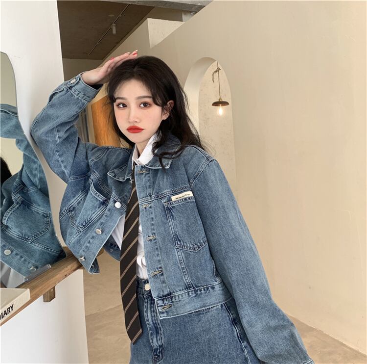 送料無料 春ガールコーデ デニムジャケット ミニスカート 上下2点セット セットアップ カジュアルコーデ 学生コーデ Lamitte Deco トレンド 韓国ファッション ショップ Base店