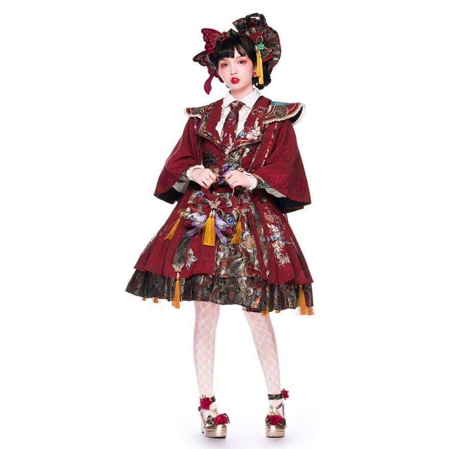 中国ロリィタ 中華ロリィタ 蝶×牡丹刺繍 チャイナテイスト切替デザイン JSK ボルドー