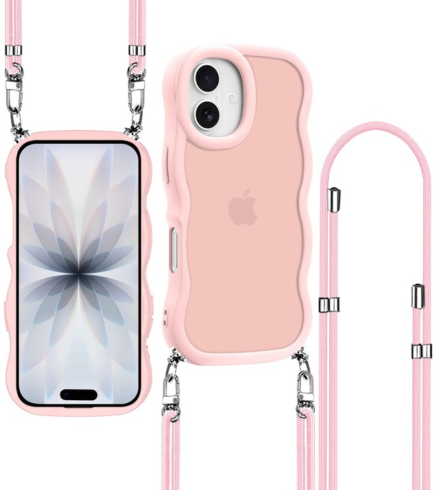 ATUSIDUN iPhone 17 用 ケース ショルダー 半クリア いphone17 カバー 肩掛け 斜めかけ 首かけ 縄掛けケース 耐衝撃 半透明 波型 うねうね かわいい 韓国 アイフォン17 スマホケース ストラップ付き ネックストラップ 取り外し可能 調節可能な ウェーブカバー (ピンク)