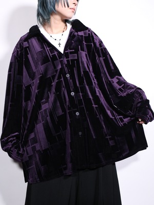 multi square  pattern velours open-collar shirt