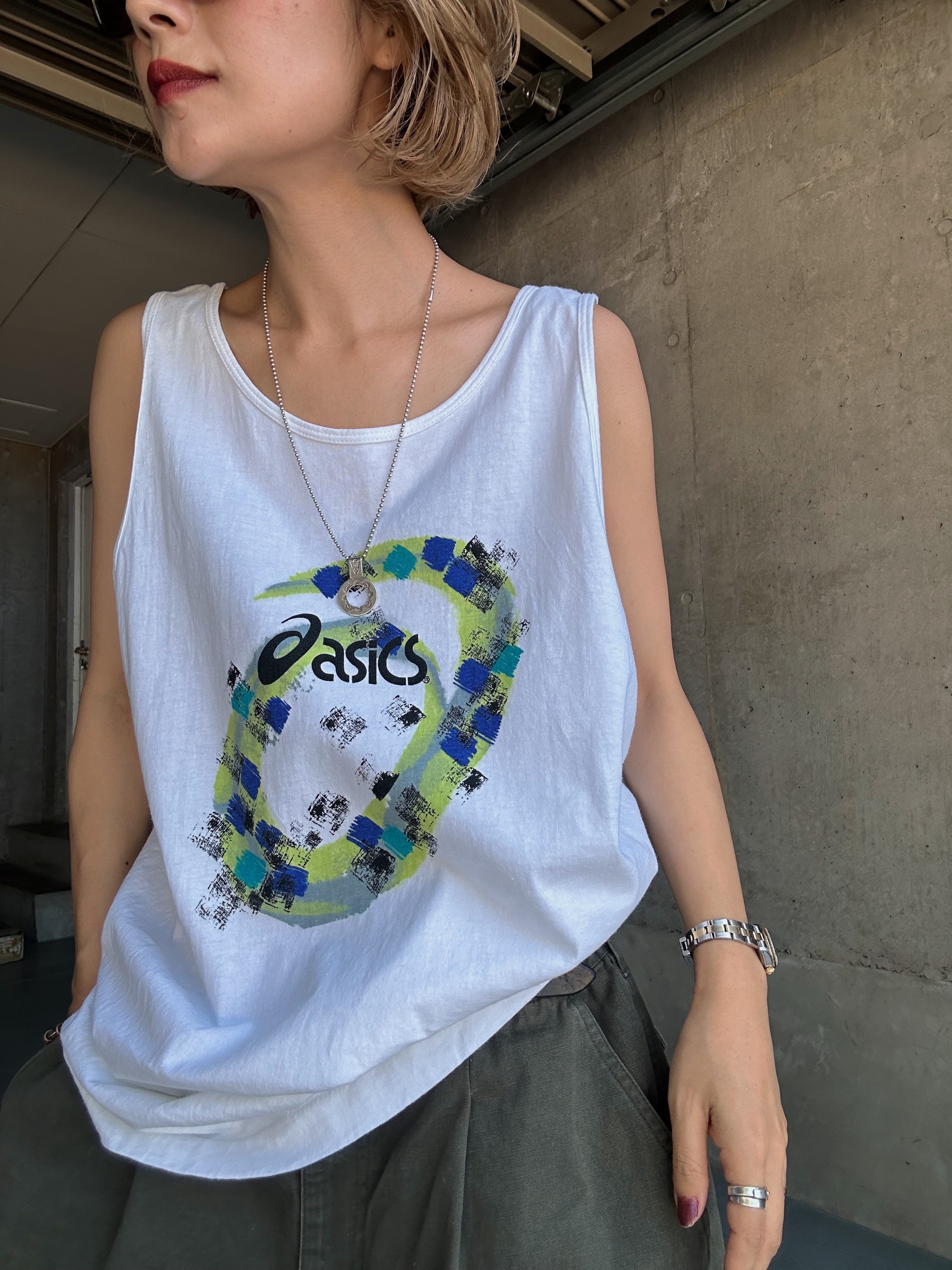 (CS2060)90’s OLD asics printed tank top made in USA