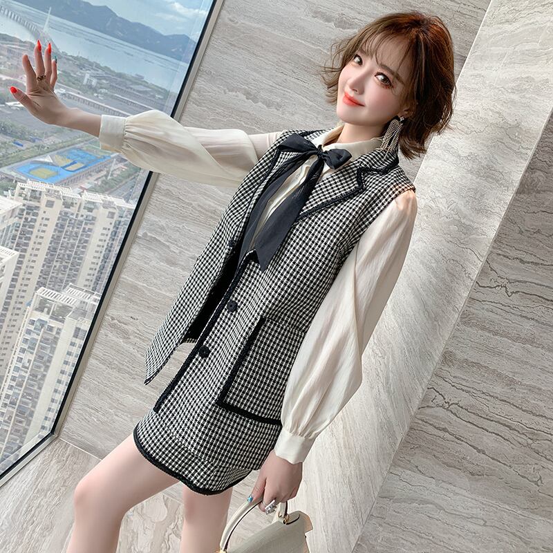 格子柄ノースリーブリボンシャツ ウェストAラインスカート セット MIUCO39110988641