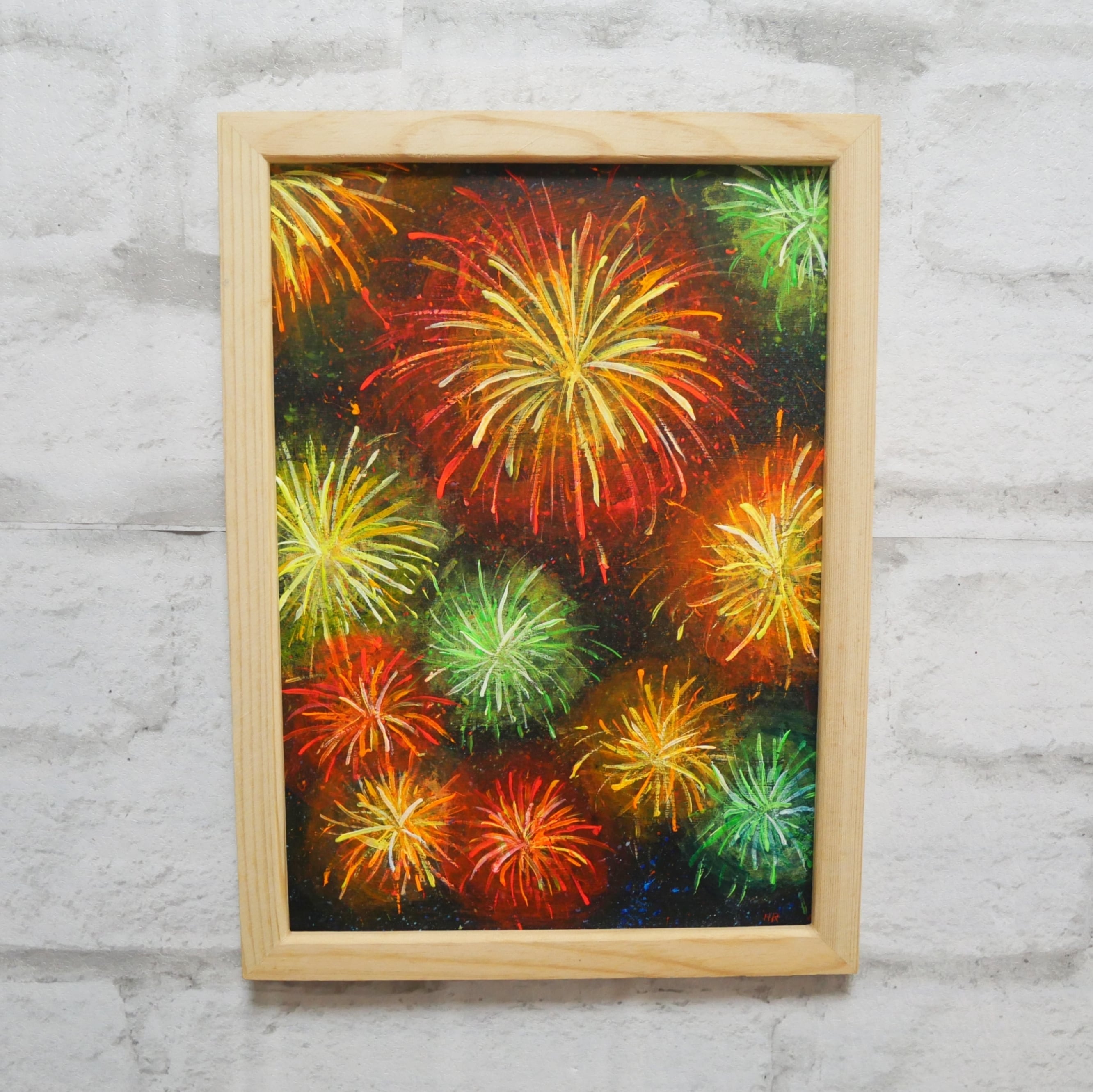 百花繚乱の夜に】 油絵 原画 『花火』 額縁付き / 夏のインテリア