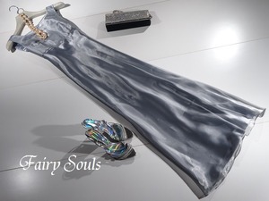 ★9号(M)☆艶やかサテンシルバーグレーのロングドレス(OPN5103)