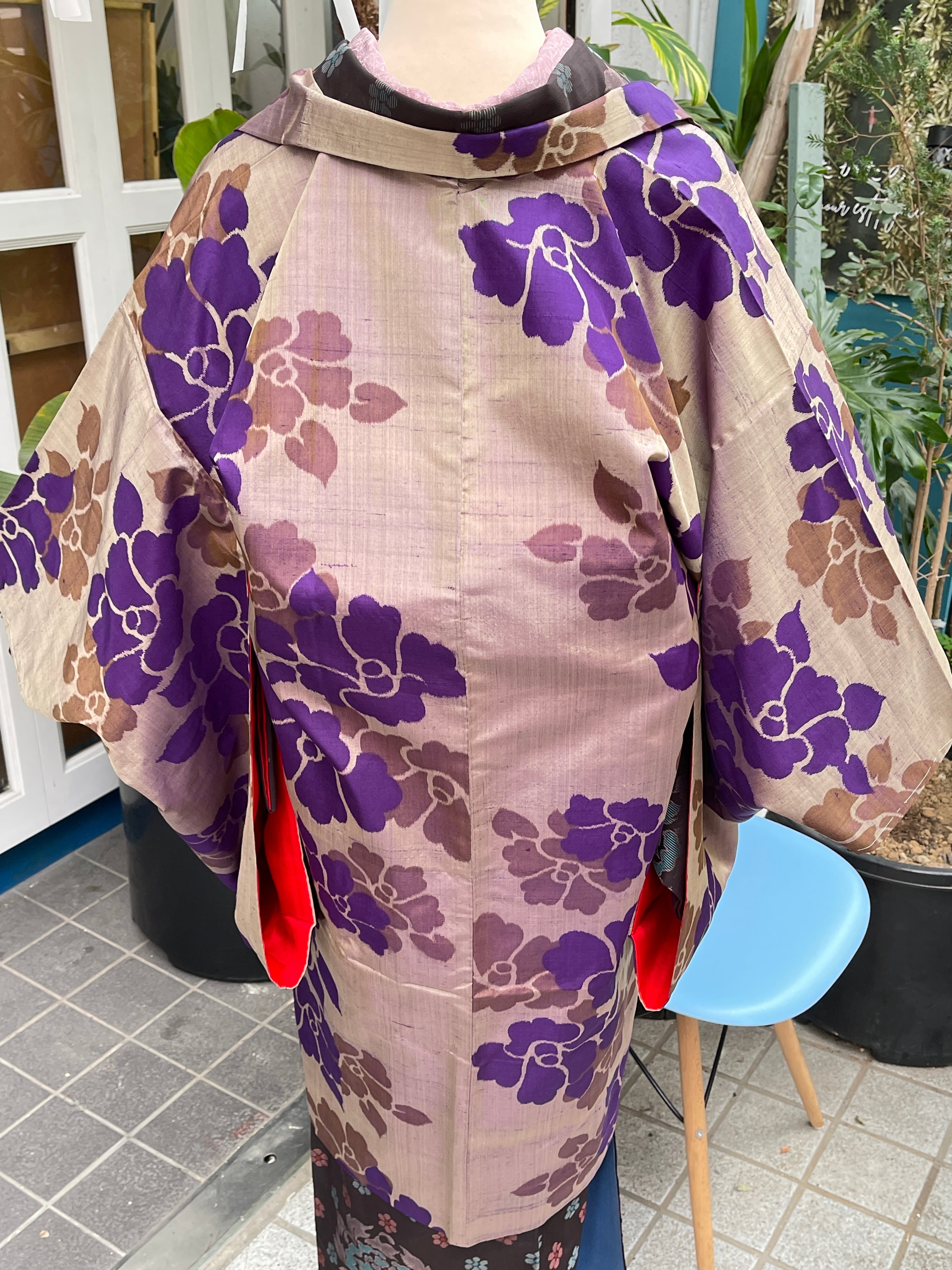 アンティーク長羽織 羽織 銘仙 グレー系 大輪の椿 大正ロマン