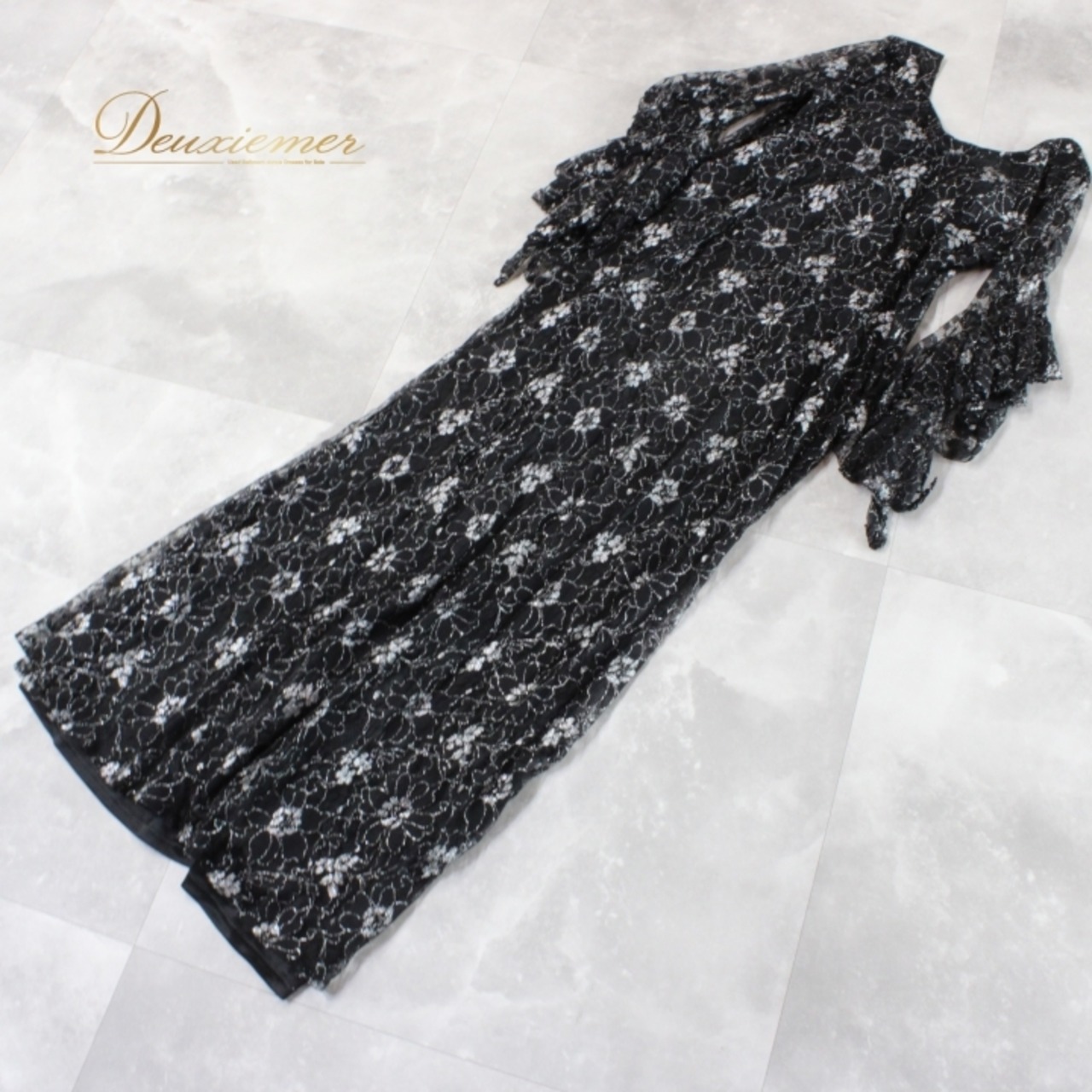 社交ダンス 衣装 スタンダード ドレス ワンピース パーティドレス レディース ブラック系 シルバー系 黒 銀 花柄 レース 準正装 上品 シック な 大人 セクシー フォーマル イベント お呼ばれ まとめて 着用 エレガント 高級感 綺麗 体型カバー レディースファッション パーティー 結婚式 発表会 社交 ティアード ドレープイブニングドレス