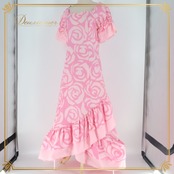 フラダンス 衣装 ワンピース ドレス マーメイドライン エムエムジェイ ピンク系 MermaidLine MMJ 日本製 アシンメトリー ワンカラー フリル バラ柄 かわいい 華やか 鮮やか 明るい ハワイアン アロハ フラ ダンス レッスン 練習 ピンク系