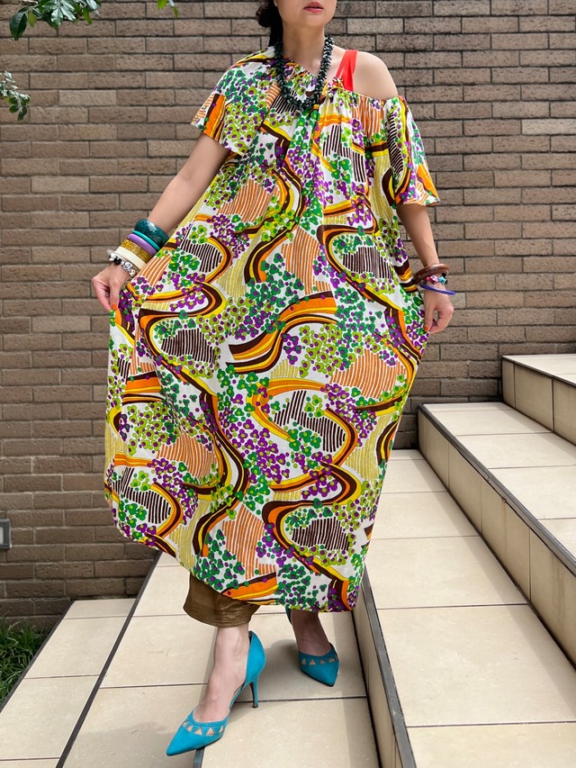 60s -70s hawaiian handmade white × multicolor floral cotton dress ( ヴィンテージ ハワイアン × ホワイト × マルチカラー  花柄 コットン ワンピース )