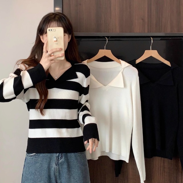カラー切り替えポロ襟ニット長袖トップス　A10003