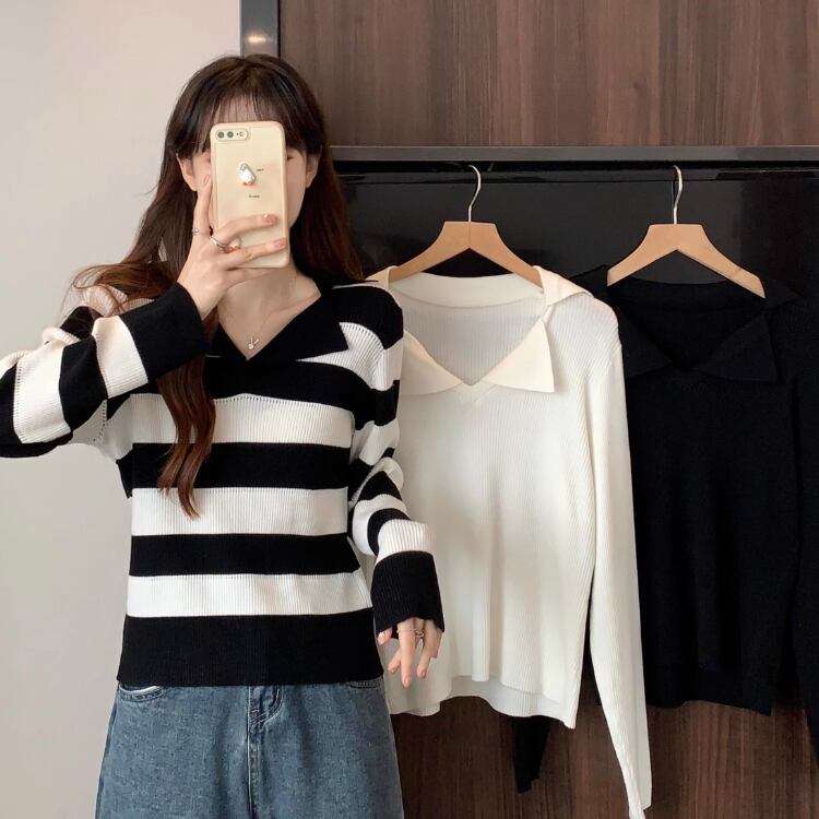 カラー切り替えポロ襟ニット長袖トップス A10003