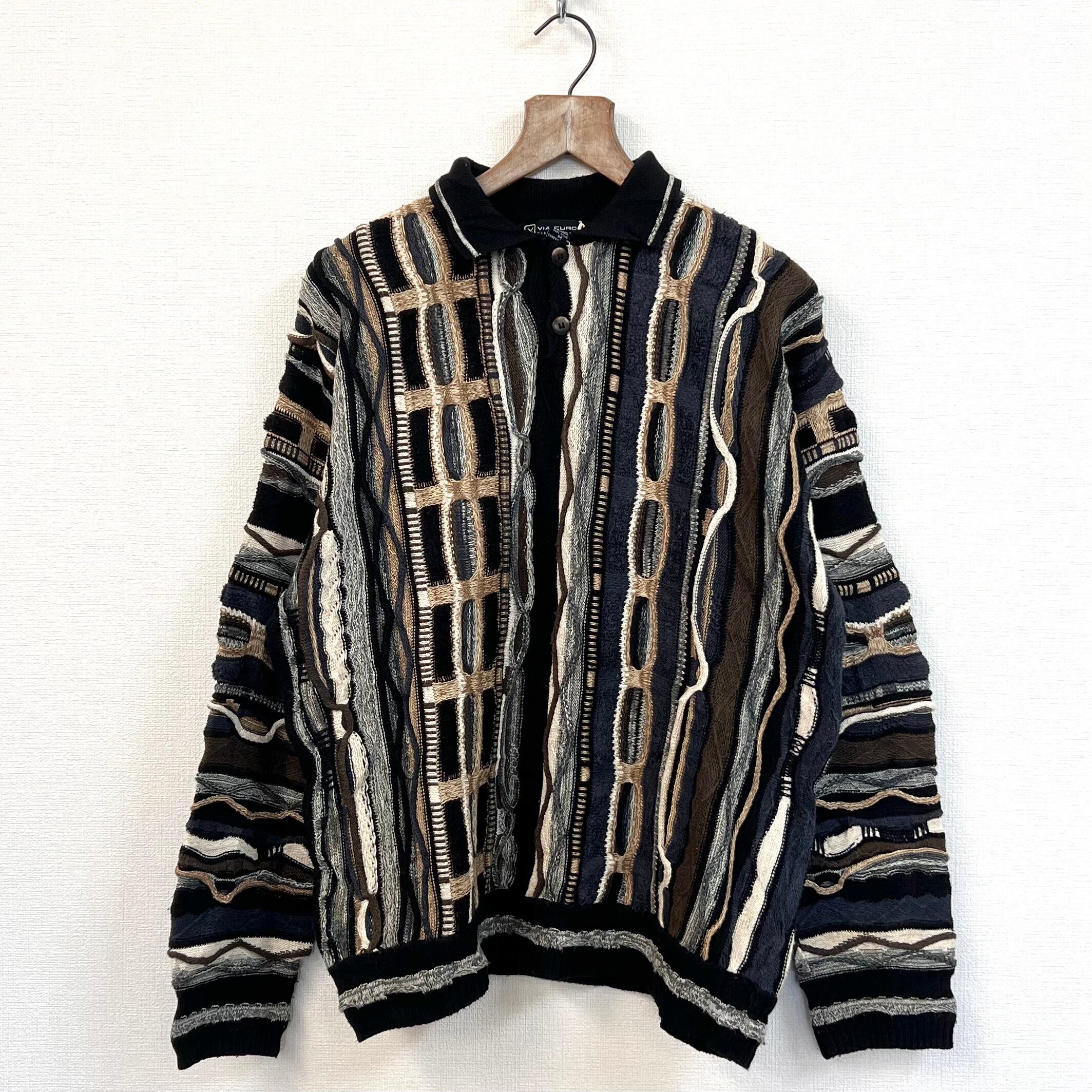 M ] VIA EUROPA 3D KNIT 襟付き 3Dニット ブルガリア製 立体編み 