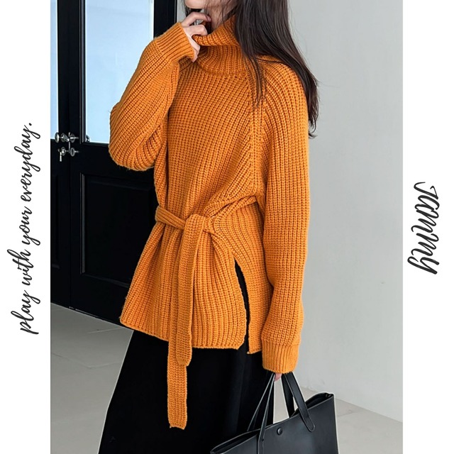 ribbon-belt side-slit knit　J00320