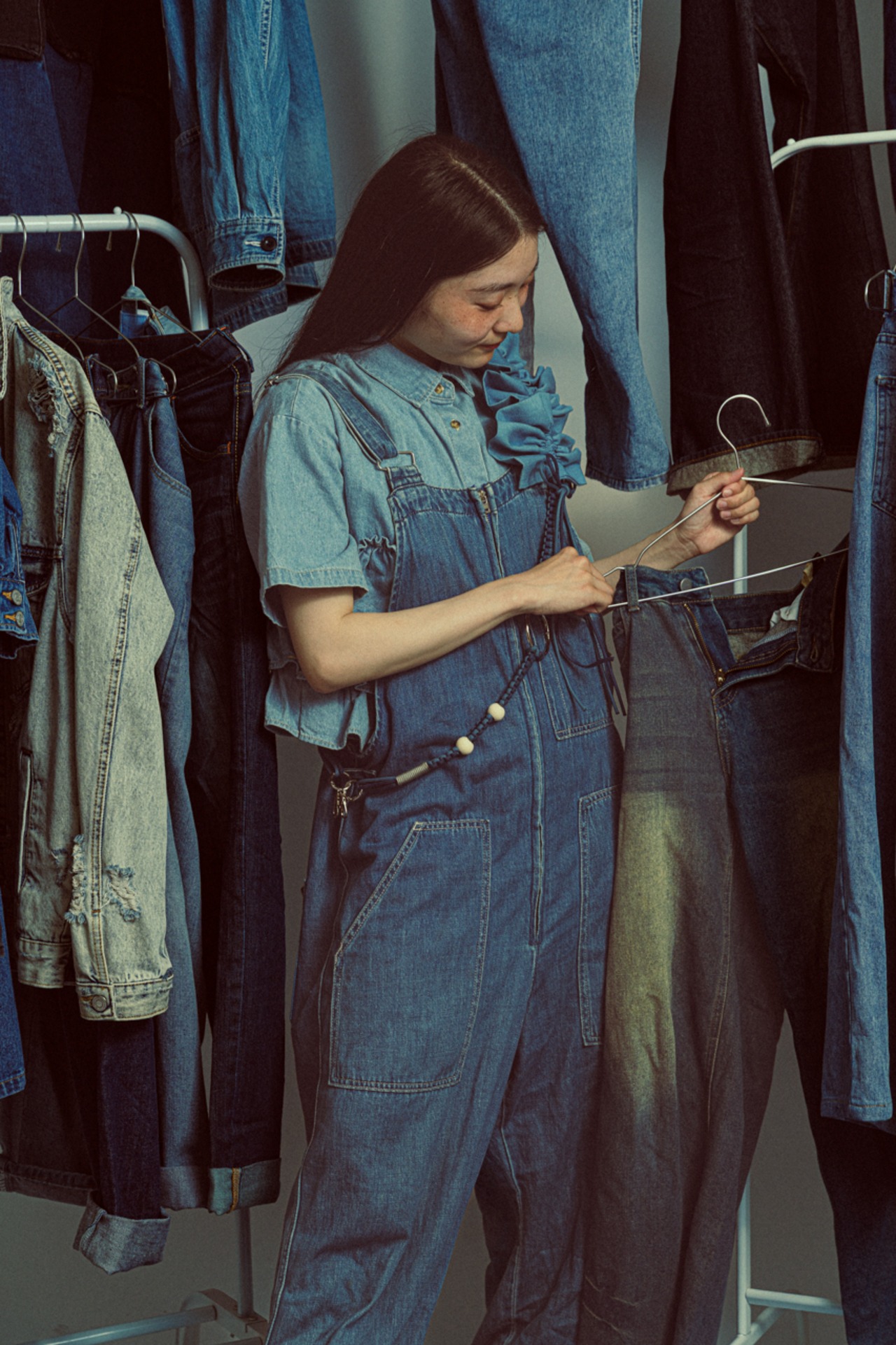 bi-tone frill denim strap Light Blue