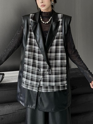 Checkered patchwork loose PU vest [T2572]