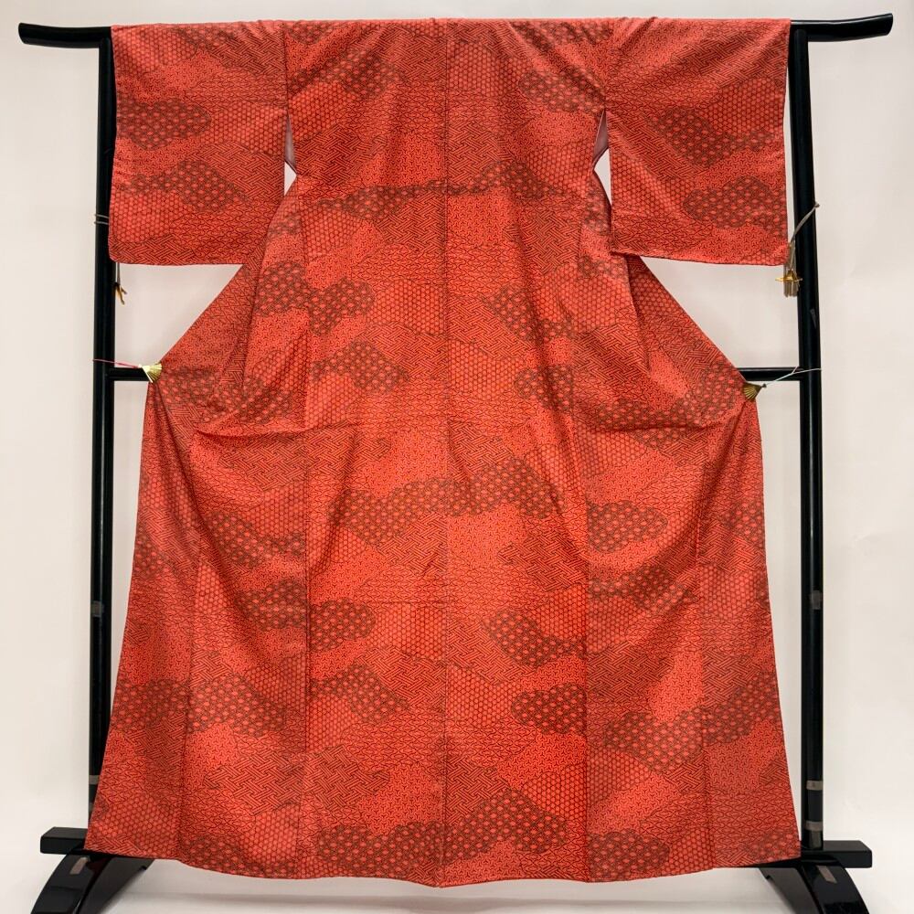 小紋 洗える着物 裄65.2cm 身丈163.8cm 花柄 袷 お洒落着 普段着 ポリエステル オレンジ 美品 M サイズ 6785