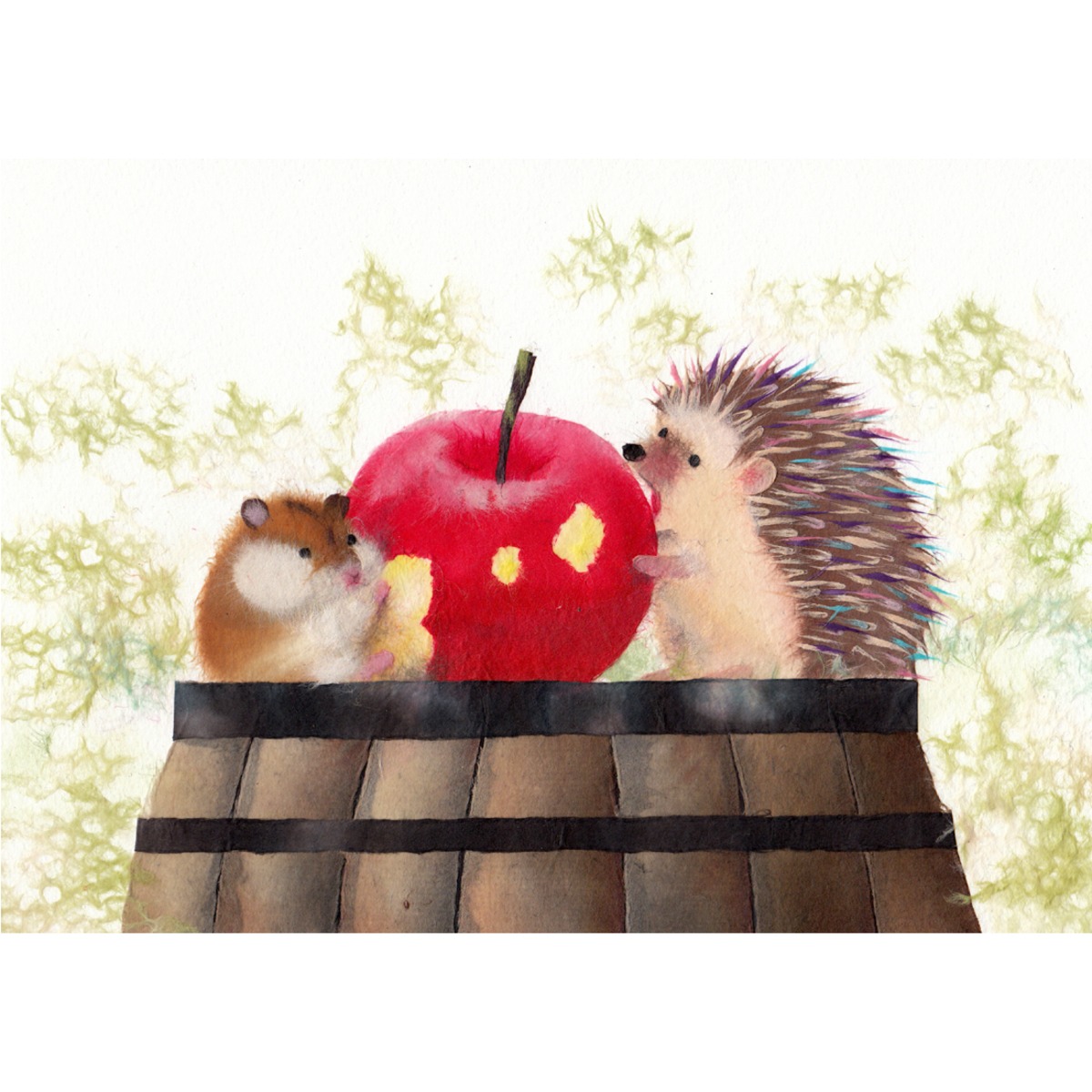 おやつの時間 ハリネズミさんとハムスターさんのおやつは真っ赤なリンゴ かわいい動物達に癒されるイラスト ポストカード