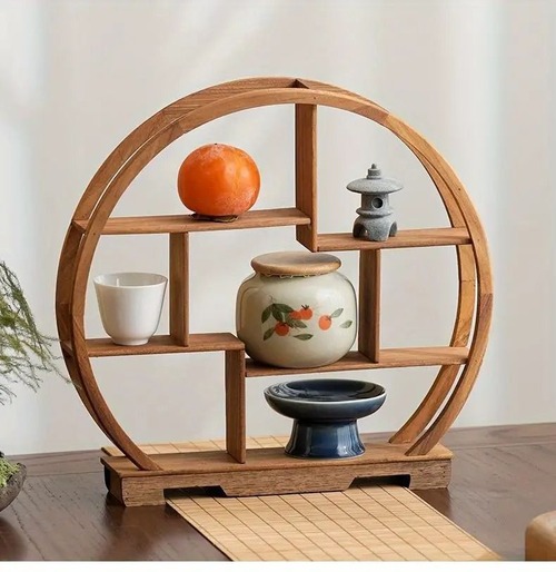 飾り棚 木製 オープンシェルフ 小さな丸い飾り棚 アンティーク チャイニーズテイスト ラック 香炉 茶道具 花瓶 棚