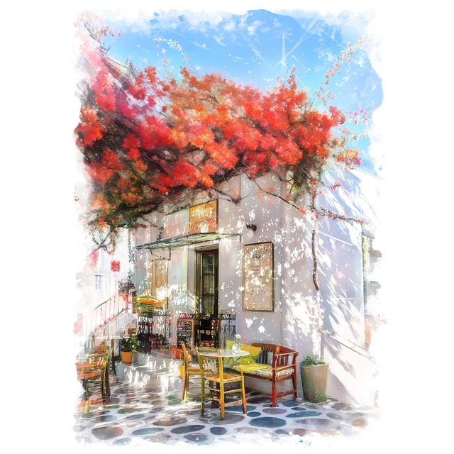 絵画 風景画(街並み)ギリシャ バロス島 インテリアアート額付き 水彩画・油絵風 WAT1415