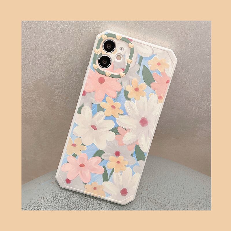 こだわりのフレーム◎お花畑デザイン カメラ保護 フラワー 油絵風 iphone スマホケース ND-14578