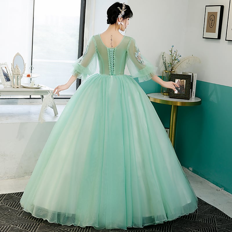 高品質！カラードレス ライトグリーン ふわふわ袖 ソフトチュール 繊細レースウェディングドレス