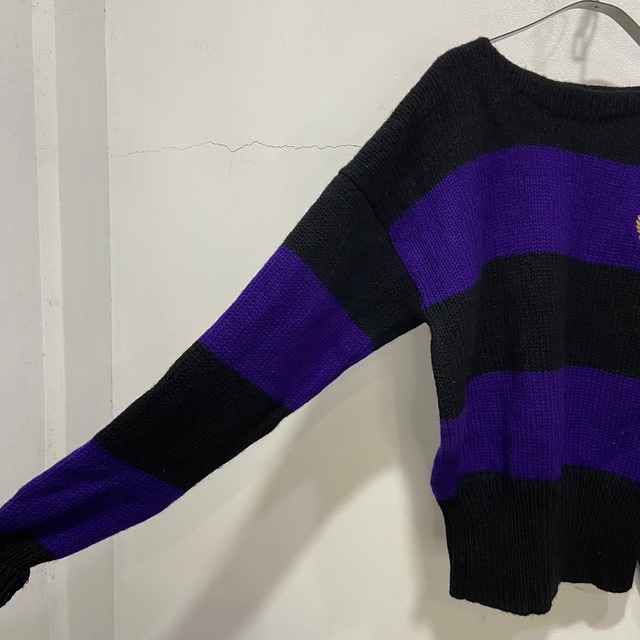 90s RalphLauren ボーダー柄ボートネックセーター　黒　紫　M
