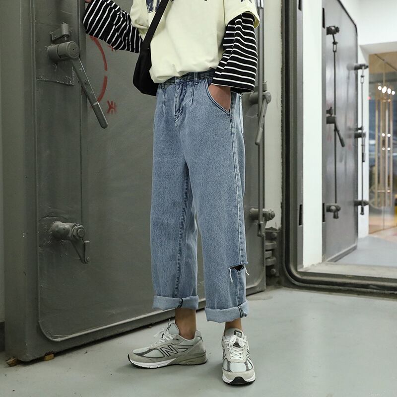 全1色 デニム パンツ ストレート カジュアル ダメージ おしゃれ