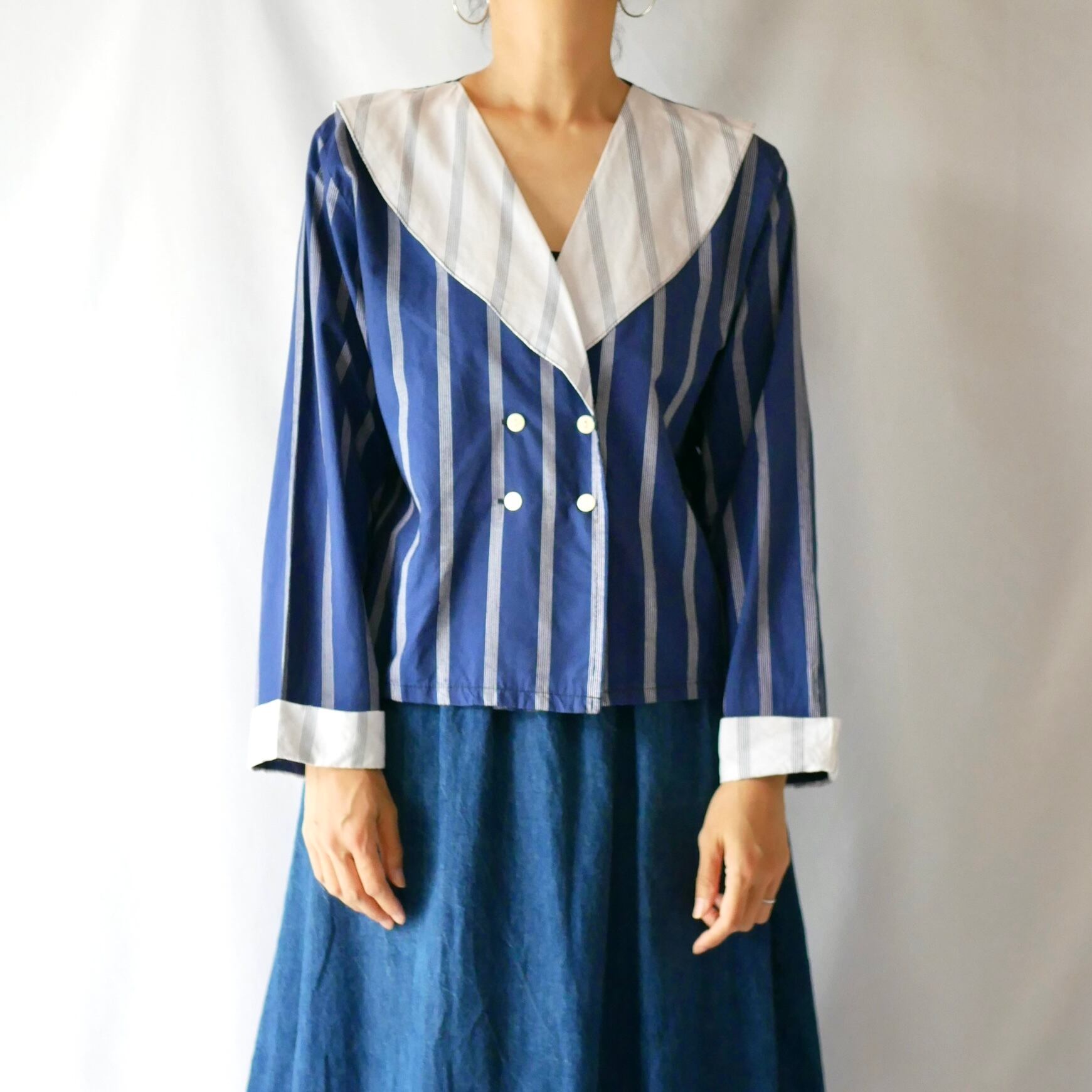 フランス製　ヴィンテージ　　ネイビーストライプ　セーラーブラウス