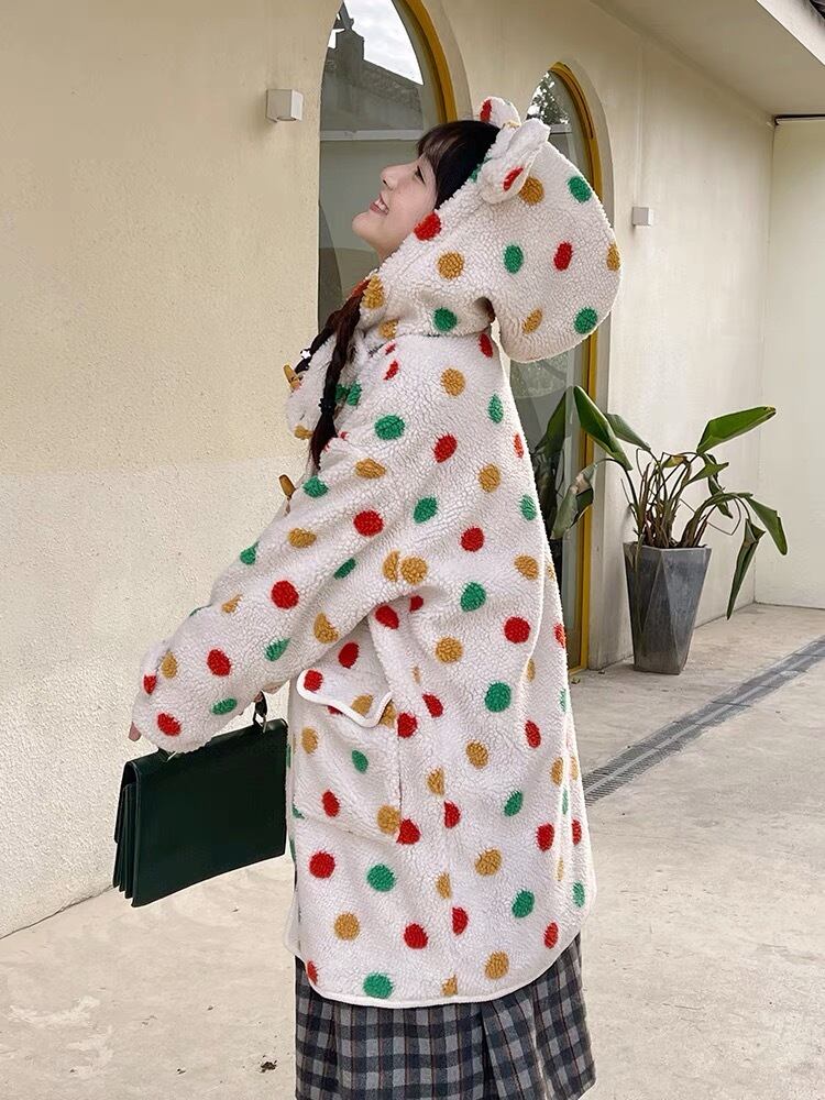 コート チェック ピンク 水玉 ドット フリース 可愛い 原宿 渋谷 JK