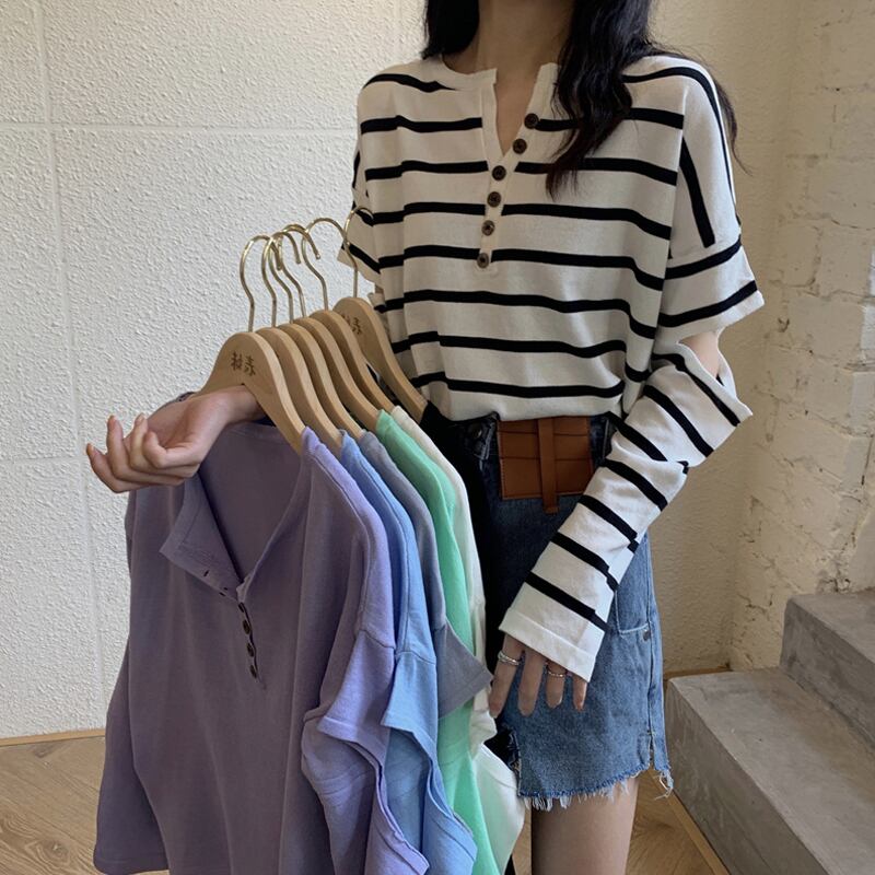 オータムシャツ ルーズストライプセーター 薄手トップス ロング 秋物 シルク 試着室72473682343