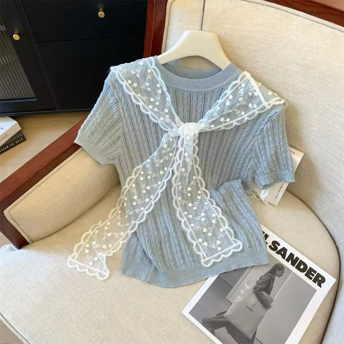 レースセーラーカラーリブニット