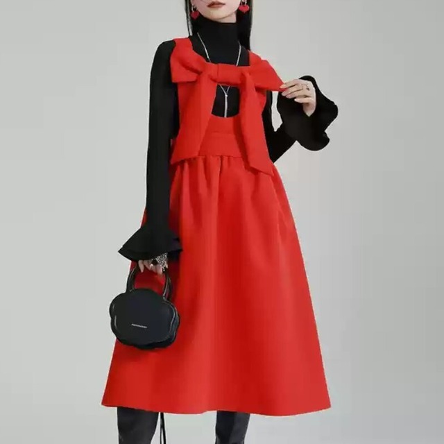 在庫わずか‼️girly front ribbon suspender A-line winter skirt 【4color】0810