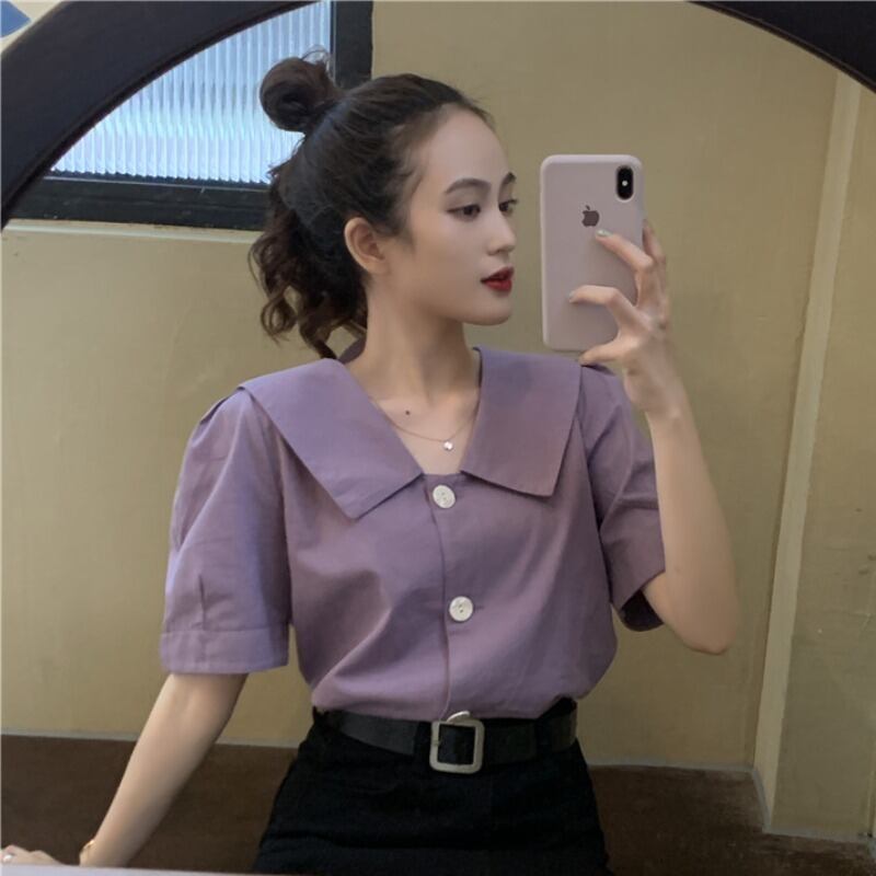 2020年夏の新しい香港スタイルのレトロなルーズ半袖シャツ女性のフレンチデザインセンスニッチ気質シャツトップ 1号婦人93425526045