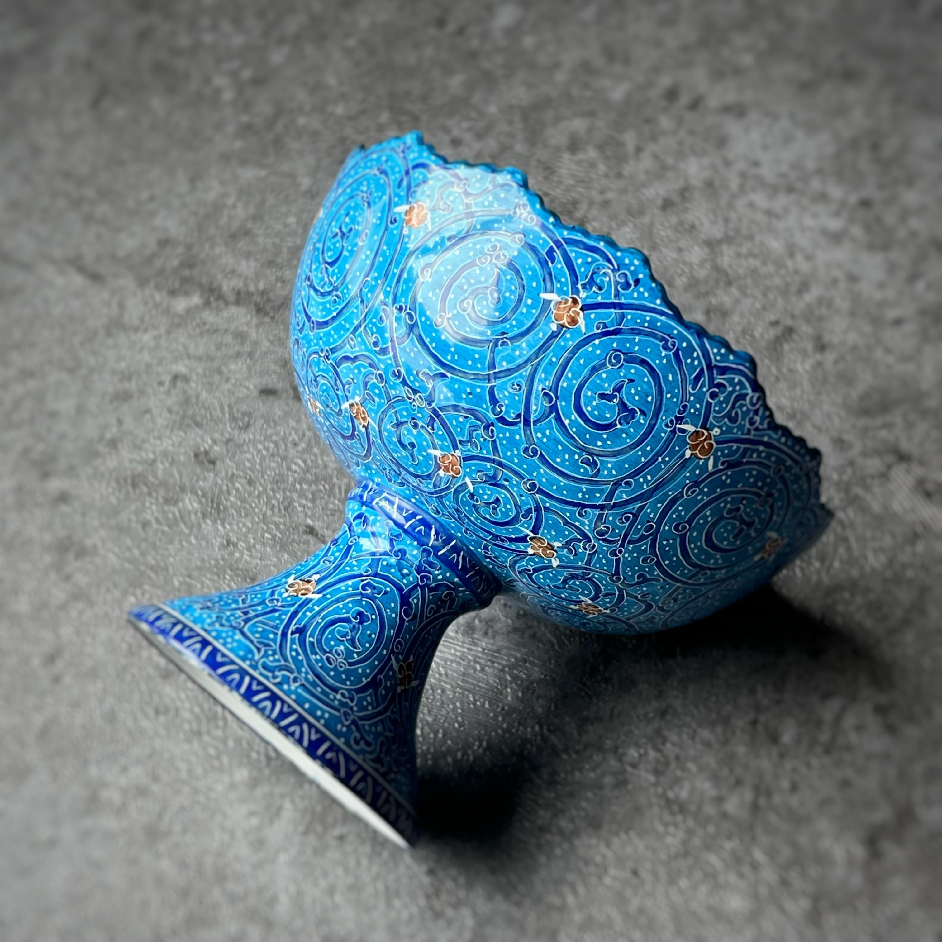 ペルシャの飾り皿（ミーナーカーリー）脚付き器 ターコイズ L Φ12cm