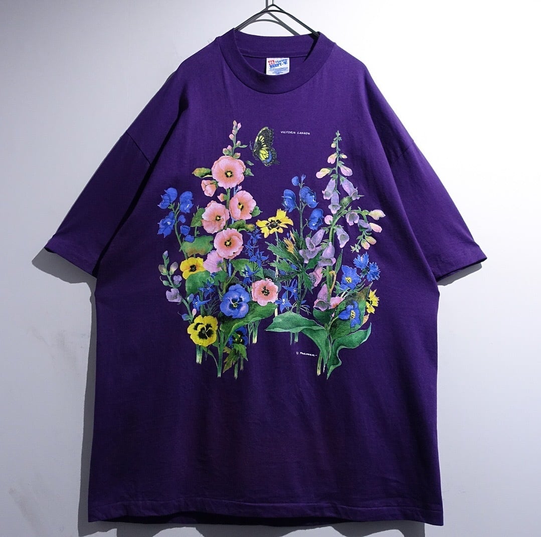 90s "Hanes" Purple Flower Motif Print Design T-Shirt