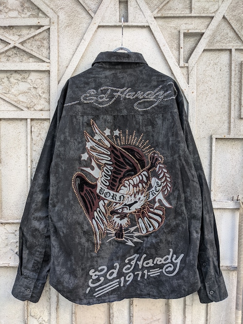 "ED HARDY" studs & flocky & silver embroidery shirt