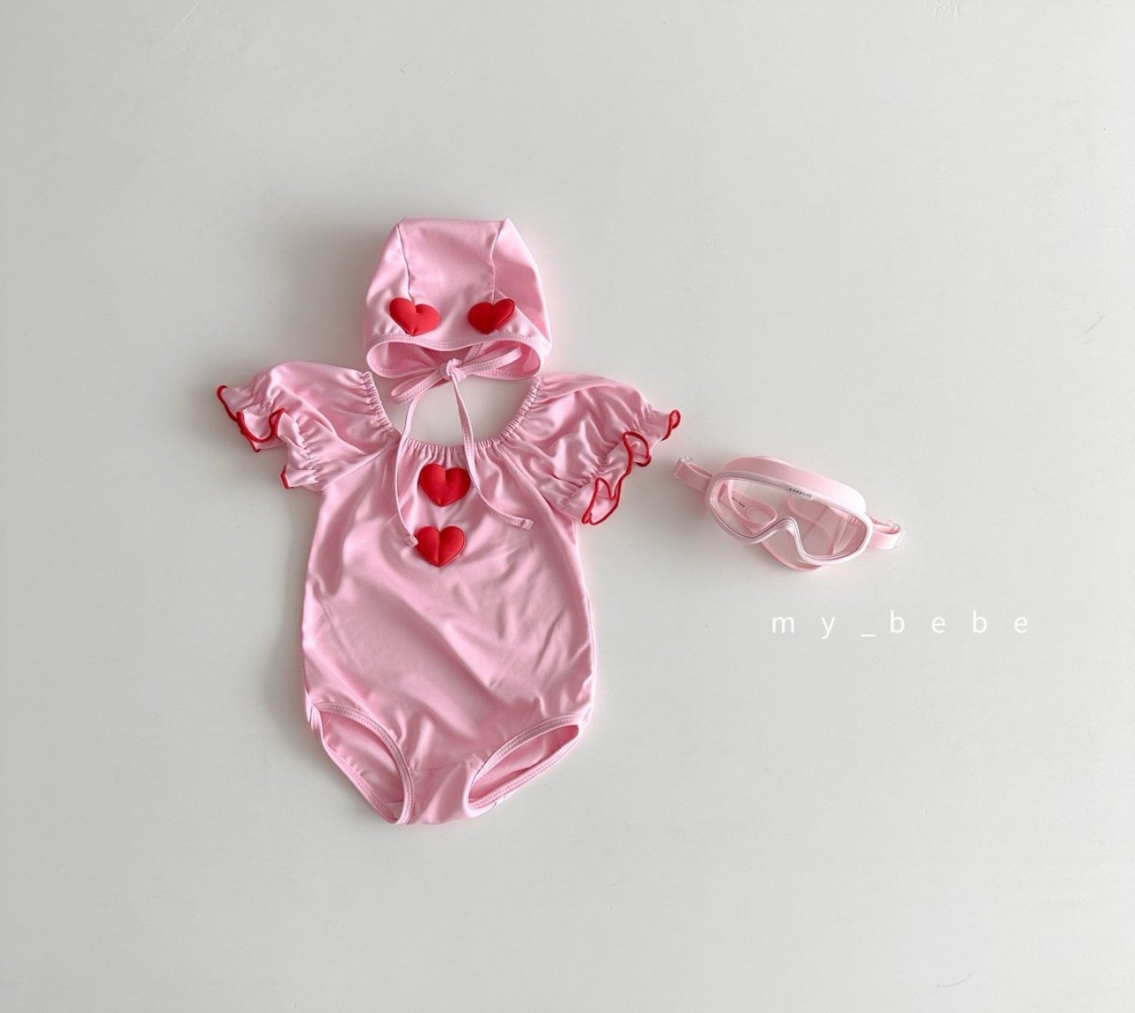 [my_bebe] Heart-Motif Shirring Swimsuit (Swimsuit + Hat/Cap SET) / [마이베베] 하트모티브셔링수영복(수영복+모자SET)