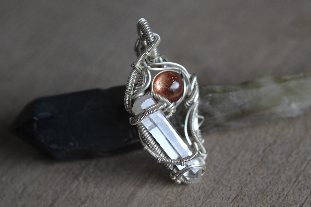Sunstone & Crystal point  silver925 wire wrapping pendant