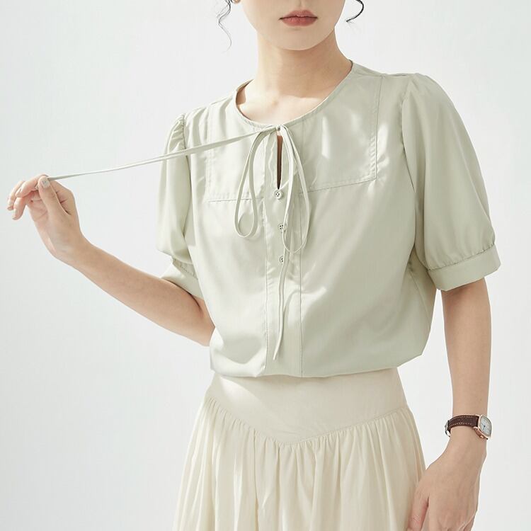 パフスリーブ半袖ボウタイブラウス 00173
