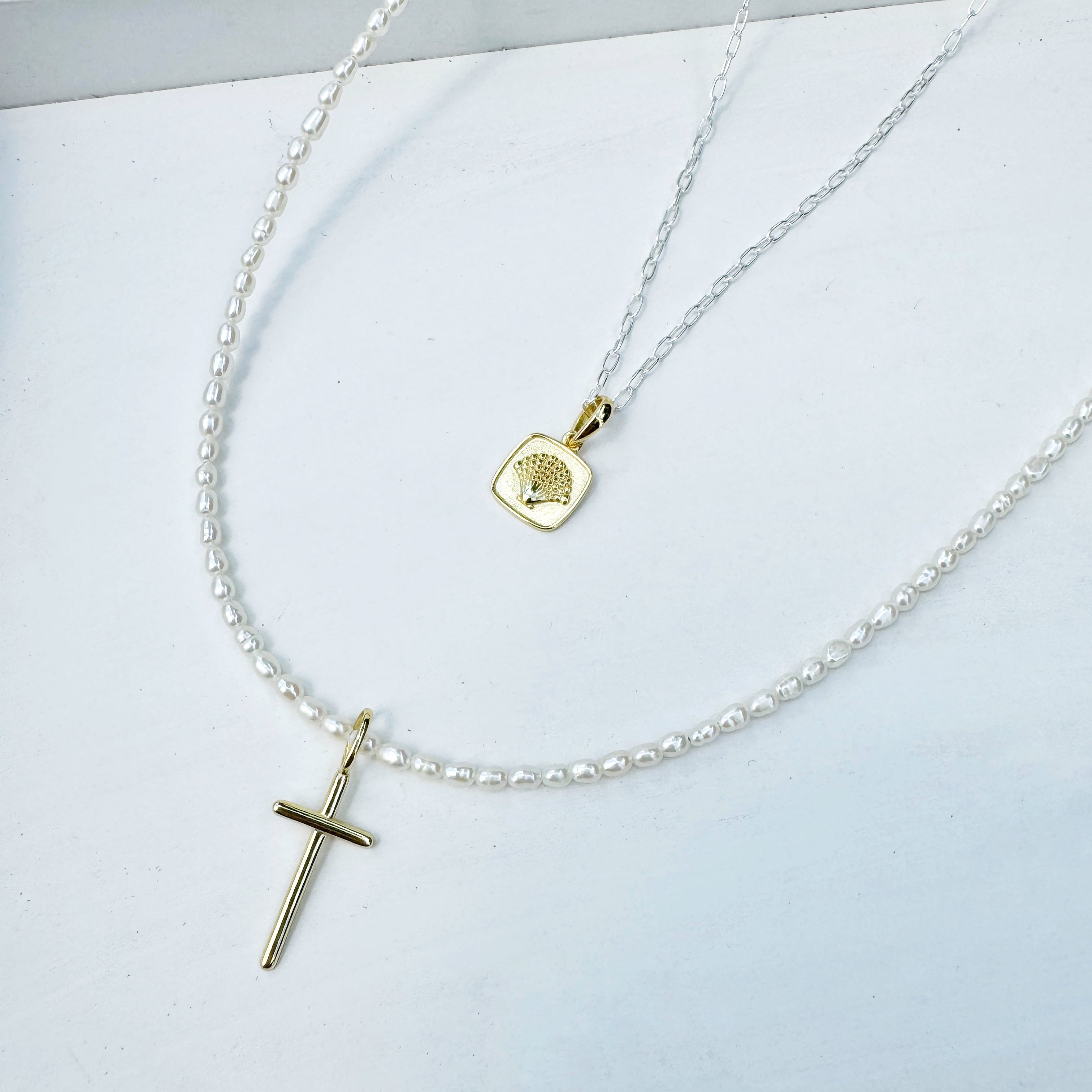 Gold Coating ダブルチェーン 重ね付け ベビーパール ネックレス と