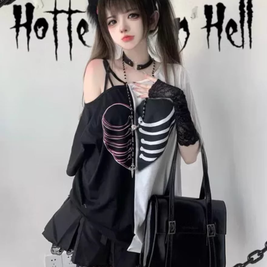 サブカル系 地雷Tシャツ love スケルトン プリント 暗黒系 病み