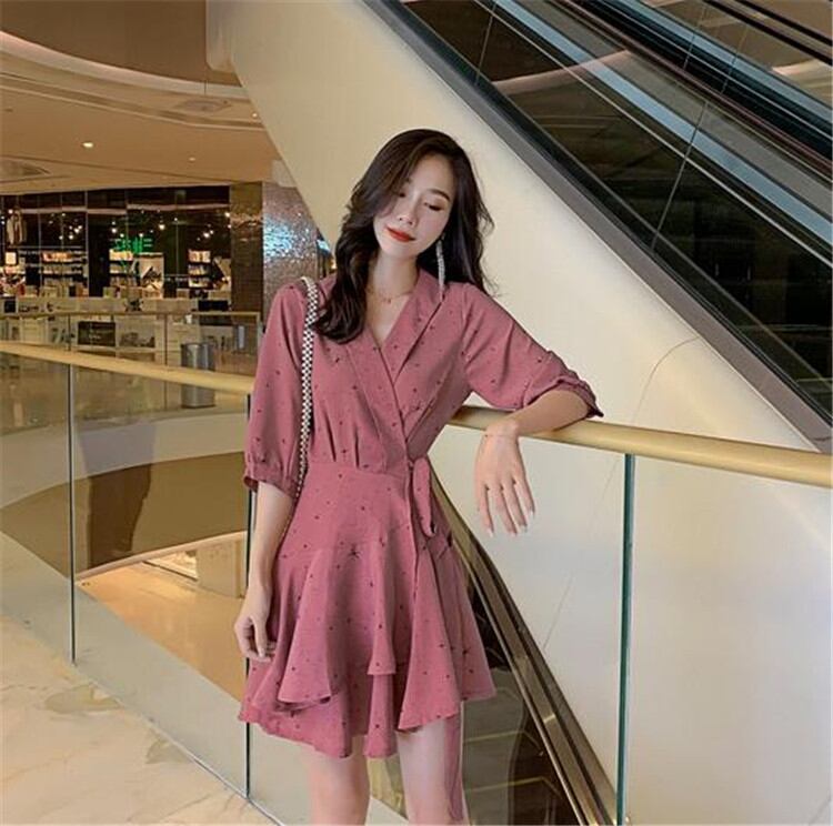 品質改善 高品質新入庫 カジュアル ハイウエスト Vネック シフォン フリル ワンビース