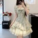 切替フラワーパフスリーブリボンフレアワンピ ・78483