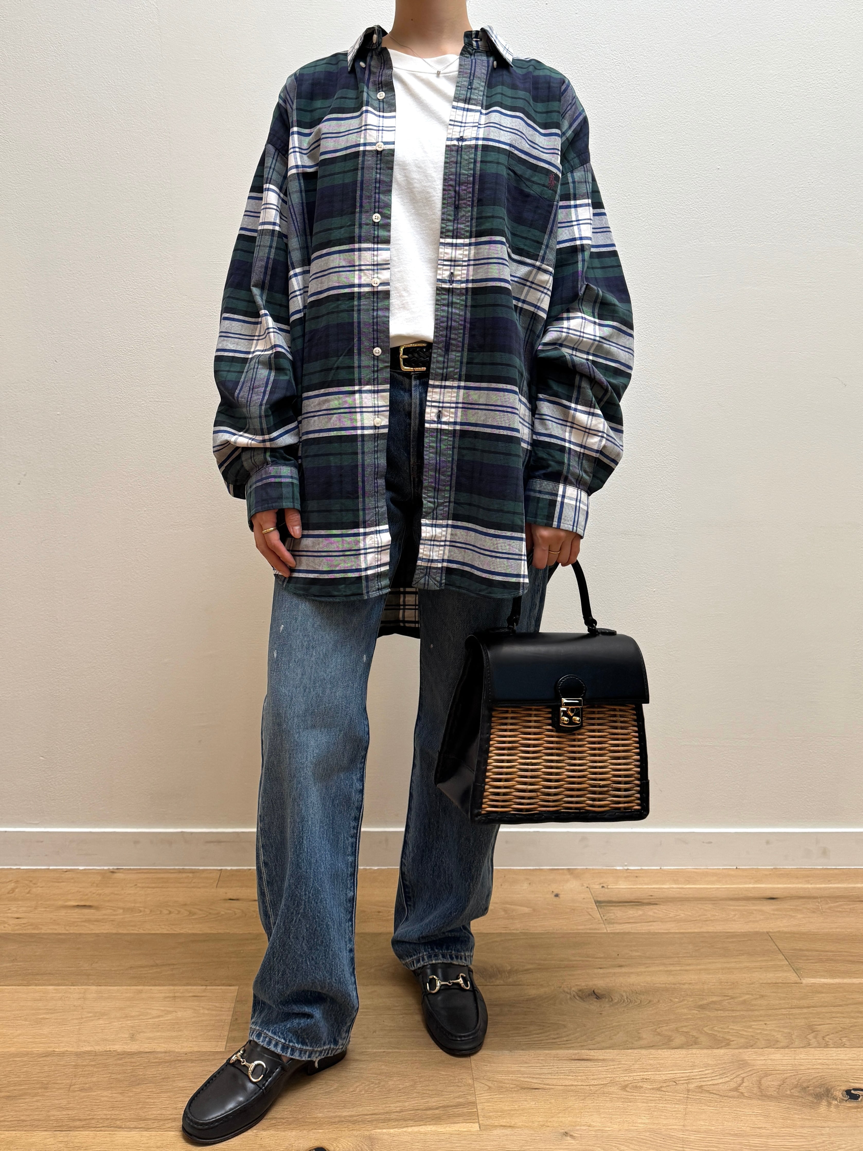 BL14-5 USED Ralph Lauren CHECK SHIRT "L" -NAVY×GREEN-