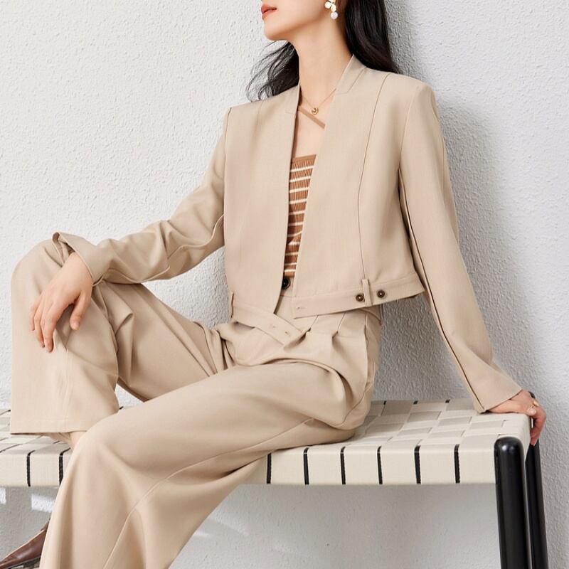 クロップド丈ノーカラージャケット&ワイドパンツスーツ U0311